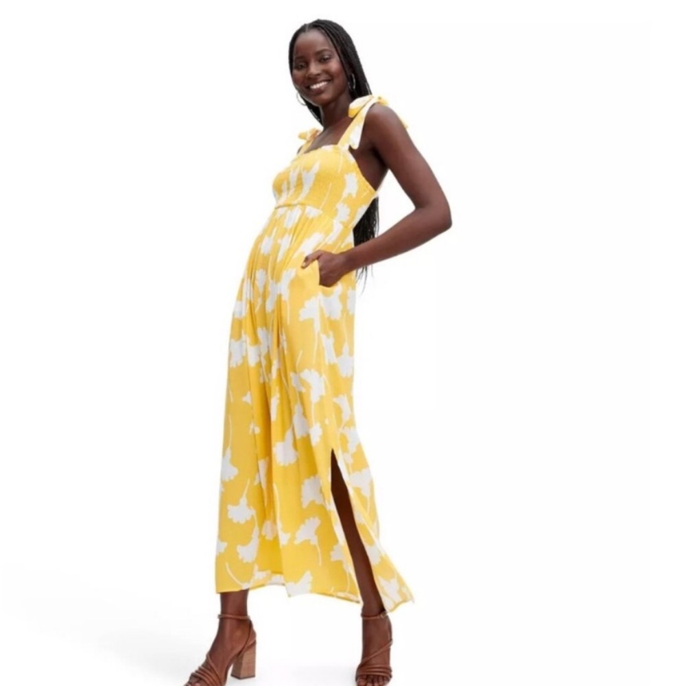 DVF Smocked Tie Strap Yellow and White Midi Women's Dress Size Small